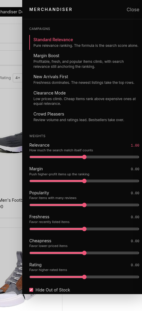 Qdrant Shopping merchandiser desk: campaign presets and weight sliders for relevance, margin, popularity, freshness, price, and rating