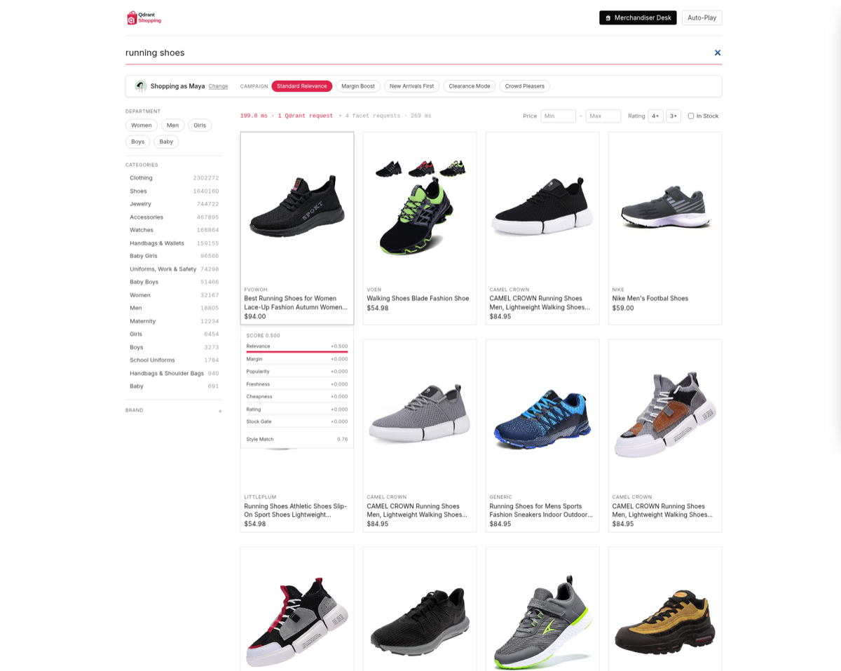Qdrant Shopping storefront: a search for running shoes, faceted category counts, and a per-product score breakdown, all from one Query API request